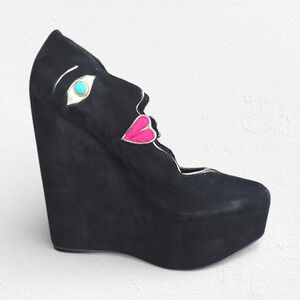 Dolce & Gabbana Face Wedge Platform Black Suede Platino Statement Heels EU 36.5